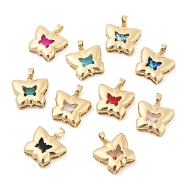 Rack Plating Brass Pendants, Butterfly Shaped Glass Charms, Long-Lasting Plated, Cadmium Free & Lead Free, Real 18K Gold Plated