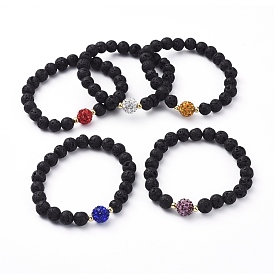 Natural Lava Rock Stretch Bracelets, with Polymer Clay Pave Rhinestone Beads and Golden Plated Brass Beads, Round