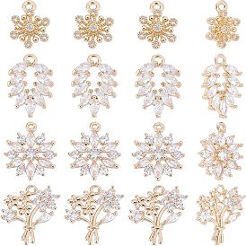 16 шт. 4 стиль стойка покрытие латунь микро паве прозрачные кубические цирконии подвески, долговечный, без кадмия и без свинца, цветок и листья
