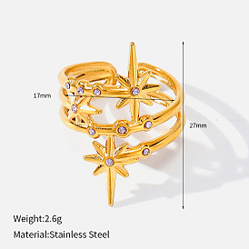 304 Offene Manschettenringe aus Edelstahl mit Mikropavé-Fassung aus klaren Zirkonia, Stern