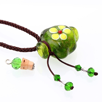 Flower Pattern Handmade Lampwork Perfume Essence Bottle Pendant Necklace, Adjustable Braided Cord Necklace, Sweater Necklace for Women