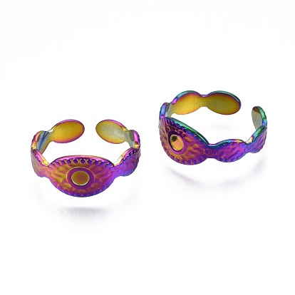 304 Stainless Steel Oval with Evil Eye Cuff Ring, Rainbow Color Open Ring for Women
