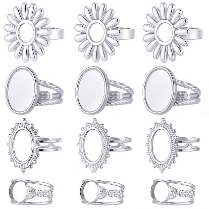 16шт. 4 регулируемые стили 304 компоненты открытого манжетного кольца из нержавеющей стали, настройки кольца чашки безеля, цветок и овал