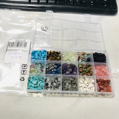 180 g 15 estilos conjunto de cuentas de piedras preciosas mixtas, chip, mezclado teñido y sin teñir
