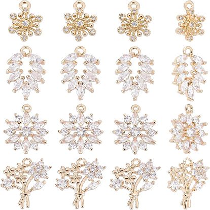 16 шт. 4 стиль стойка покрытие латунь микро паве прозрачные кубические цирконии подвески, долговечный, без кадмия и без свинца, цветок и листья