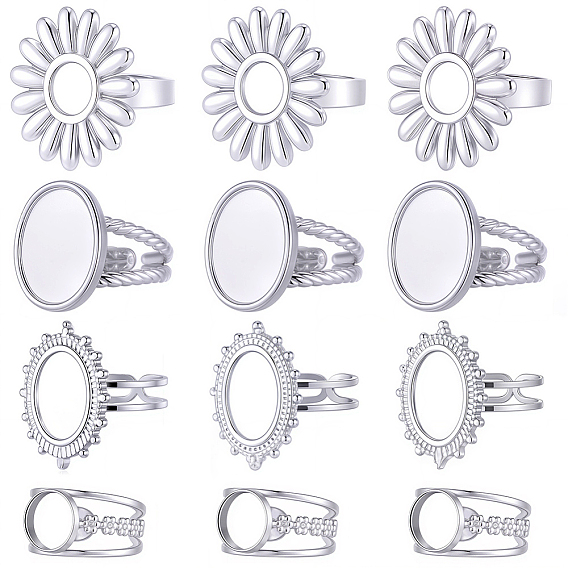 16шт. 4 регулируемые стили 304 компоненты открытого манжетного кольца из нержавеющей стали, настройки кольца чашки безеля, цветок и овал