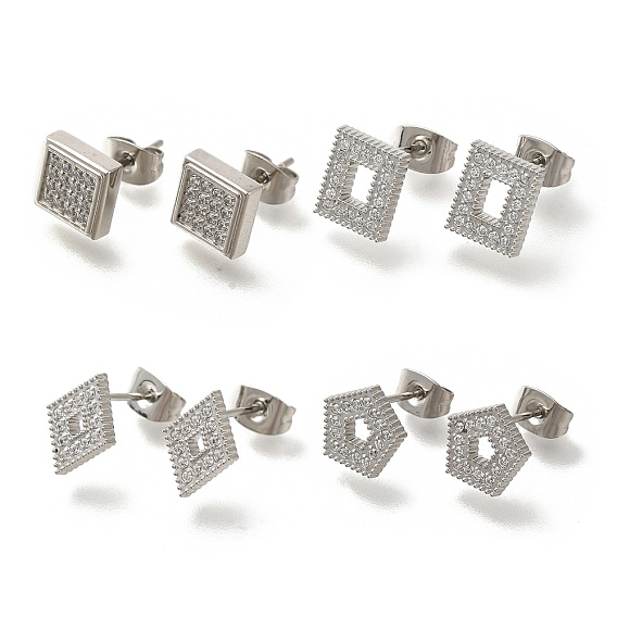 304 Серьги-гвоздики из нержавеющей стали с прозрачным фианитом и микропаве, цвет нержавеющей стали