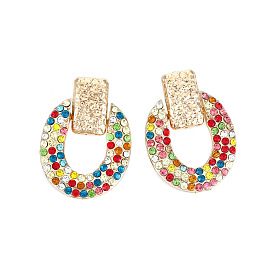 Colorful Geometric Diamond Earrings for Women, Creative Oval Gemstone Ear Drops