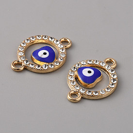 Alloy Enamel Evil Eye Connector Charms, with Crystal Rhinestones, Light Gold, Flat Round with Heart