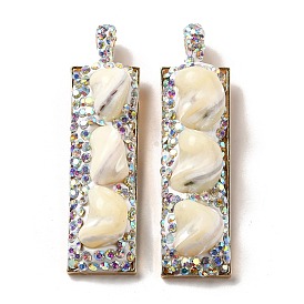 Natural Trochus Shell Alloy Big Pendants, Rectangle Charms with Polymer Clay Rhinestone, Light Gold