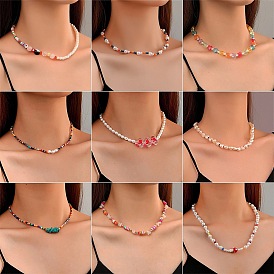 Bohemian Colorful Beaded Necklace with Pearl Pendant and Ethnic Charm for Women