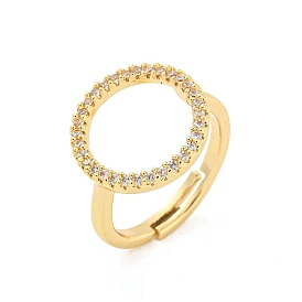 Round Ring Brass Micro Pave Clear Cubic Zirconia Adjustable Rings, Long-Lasting Plated