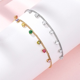 304 из нержавеющей стали шарм браслеты, браслеты из цепочек панцирного плетения для женщин, плоско-круглые, с кубического циркония