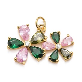 Colgantes de circonitas cúbicas de colores de latón chapado en rack, sin cadmio y níque y plomo, larga duración plateado, con anillo de salto, flor