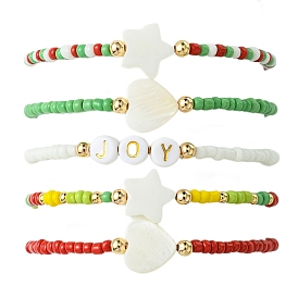 5Pcs 5 Styles Christmas Theme Glass Seed Beaded Stretch Bracelets for Women, with Shell & Acrylic Beads