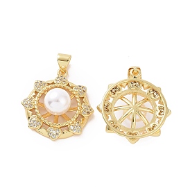 Brass Micro Pave Cubic Zirconia Pendants, with ABS Imitation Pearl, Helm with Heart Charm