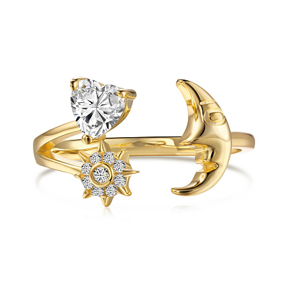Clear Cubic Zirconia Heart Moon Cuff Ring, 925 Sterling Silver Open Finger Ring for Women