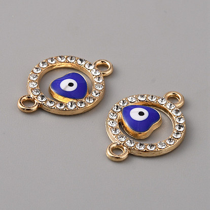 Alloy Enamel Evil Eye Connector Charms, with Crystal Rhinestones, Light Gold, Flat Round with Heart