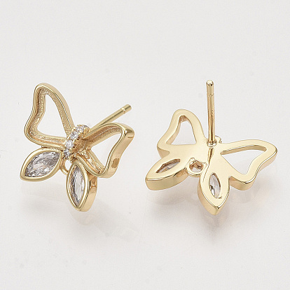 Brass Micro Pave Clear Cubic Zirconia Stud Earring Findings, with Loop, Nickel Free, Butterfly