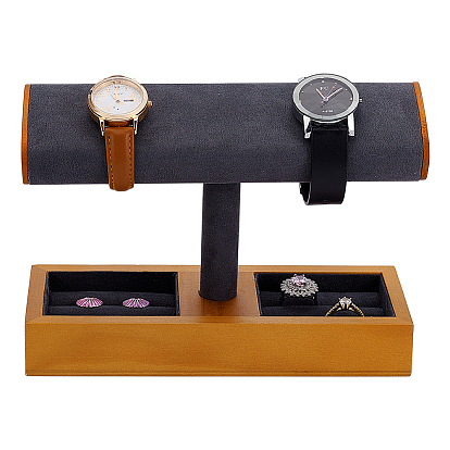Т-образная деревянная барная стойка с бархатной обивкой, подставки для часов с прямоугольными лотками для колец.