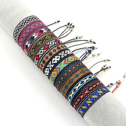 Pulsera plana de poliéster estilo étnico con cordón de rombos, pulsera ajustable para mujer
