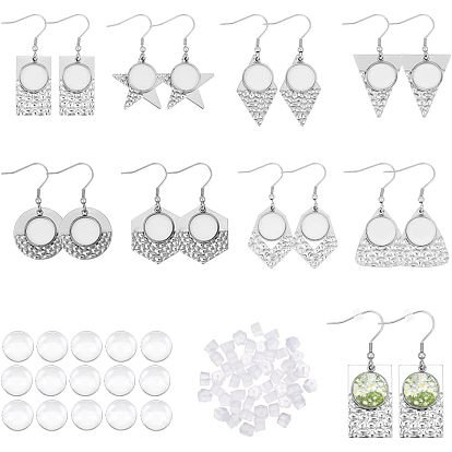 16 шт. 8 стиль 304 крючки для серег из нержавеющей стали, с плоскими круглыми оправами и пластиковыми ушными гайками 50шт. и стеклянными кабошонами 16шт., шестиугольник и треугольник и прямоугольник и звезда и ромб
