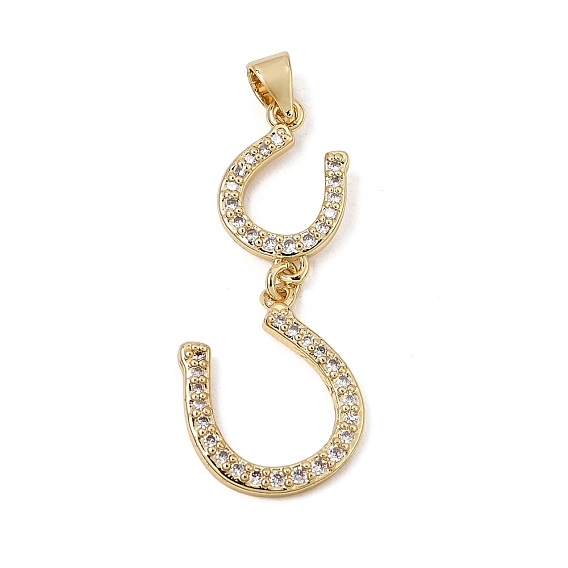 Brass Micro Pave Clear Cubic Zirconia Pendants, Horseshoe Charms, Rack Plating, Long-Lasting Plated, Cadmium Free & Lead Free