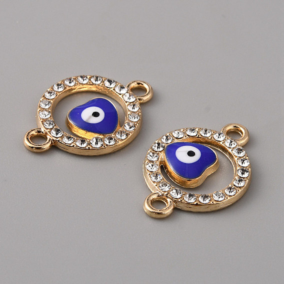 Alloy Enamel Evil Eye Connector Charms, with Crystal Rhinestones, Light Gold, Flat Round with Heart