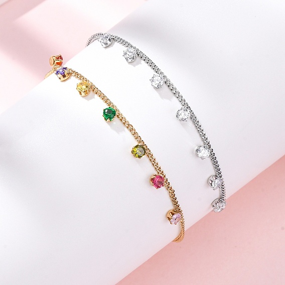 304 из нержавеющей стали шарм браслеты, браслеты из цепочек панцирного плетения для женщин, плоско-круглые, с кубического циркония