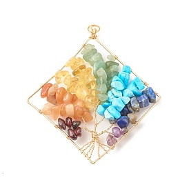 Chakra Natural & Synthetic Gemstone Copper Wire Wrapped Big Pendants, Natural Garnet & Citrine & Amethyst & Red Aventurine & Green Aventurine & Lapis Lazuli, Synthetic Turquoise, Rhombus