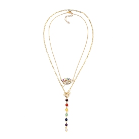 Chakra Jewelry, Pendant Necklace Sets, with Brass Cable Chains, Eye Brass Micro Pave Cubic Zirconia Pendant, Natural Gemstone Beads and 304 Stainless Steel Clasps