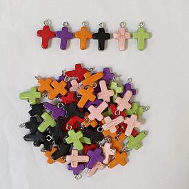 60Pcs 6 Colors Dyed Synthetic Turquoise Pendants, Religion Cross Charms with Platinum Tone Iron Loops