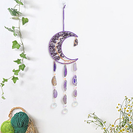 Copper Wire Wrapped Natural Amethyst Chip Moon with Tree of Life Hanging Suncatchers, with Natural Agate Piece for Home Wall Decorations