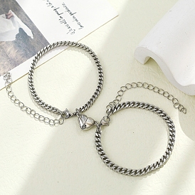 2Pcs Stainless Steel Cuban Link Chain Bracelets Set, Couple Matching Bracelets with Magnetism Heart Charms for Best Friends Lovers