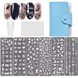 Manicure Tool Sets, with Stainless Steel Nail Art Stamping Plates, Nail Image Templates, Silicone Nail Art Seal Stamp and Scraper Set, Storage Bags, Mixed Pattern