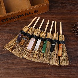 Straw Mini Witch Broom, Natural Gemstone Rectangle Charms Brooms For Cleansing Healing Fengshui Home Halloween Decor