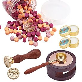 CRASPIRE DIY Scrapbook Making Kits, Including Sealing Wax Particle, Round Sealing Wax Stove, Brass Wax Seal Stamp and Wood Handle Sets, Brass Wax Sticks Melting Spoon, Candles