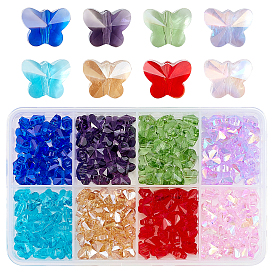 200Pcs 8 Colors Transparent Glass Beads, Faceted, Butterfly