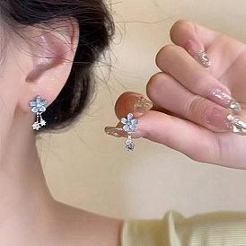 Alloy Enamel Flower Stud Earrings, Brass Rhinestone Dangle Earrings for Women