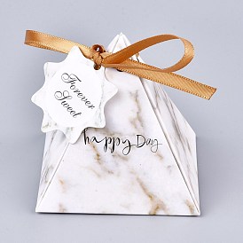 Boîte d'emballage de bonbons en forme de pyramide, coffret cadeau fête de mariage joyeux jour, avec ruban et carte papier, motif de veine de marbre