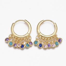 Brass Micro Pave Cubic Zirconia Huggie Hoop Earrings, Flat Round, Colorful