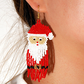 Bohemian Style Santa Claus Tassel Glass Seed Beads Dangle Earrings, with Card