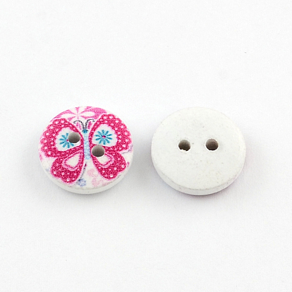 2-Hole Flower Pattern Printed Wooden Buttons, Flat Round, 15x4mm, Hole: 2mm