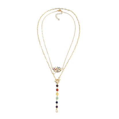 Chakra Jewelry, Pendant Necklace Sets, with Brass Cable Chains, Eye Brass Micro Pave Cubic Zirconia Pendant, Natural Gemstone Beads and 304 Stainless Steel Clasps