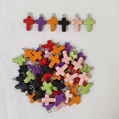 60Pcs 6 Colors Dyed Synthetic Turquoise Pendants, Religion Cross Charms with Platinum Tone Iron Loops