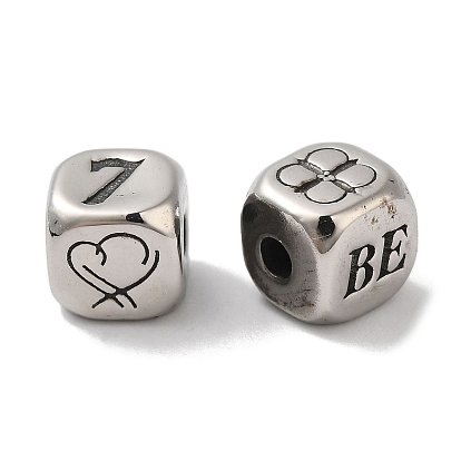 304 Stainless Steel Beads, Cube with Word Be & Heart