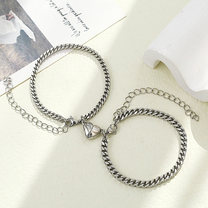 2Pcs Stainless Steel Cuban Link Chain Bracelets Set, Couple Matching Bracelets with Magnetism Heart Charms for Best Friends Lovers