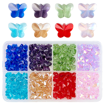 200Pcs 8 Colors Transparent Glass Beads, Faceted, Butterfly