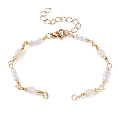 Imitation Pearl Bead & Brass Glass Link Chain Bracelet Making, with Lobster Claw Clasp, Fit for Connector Charms