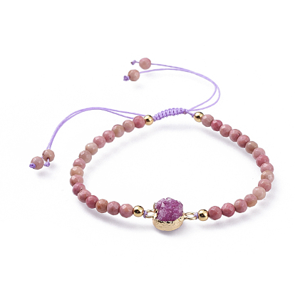 Adjustable Natural Gemstone Braided Bead Bracelets, with Natural Druzy Agate Links and Round Beads, Faceted